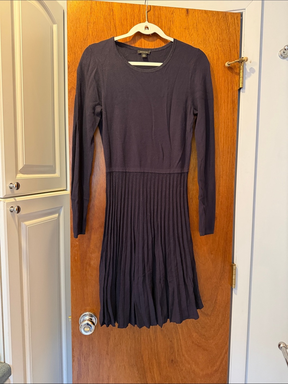 Ann Taylor Dark Navy Long-Sleeve Pleated Waist Dress
